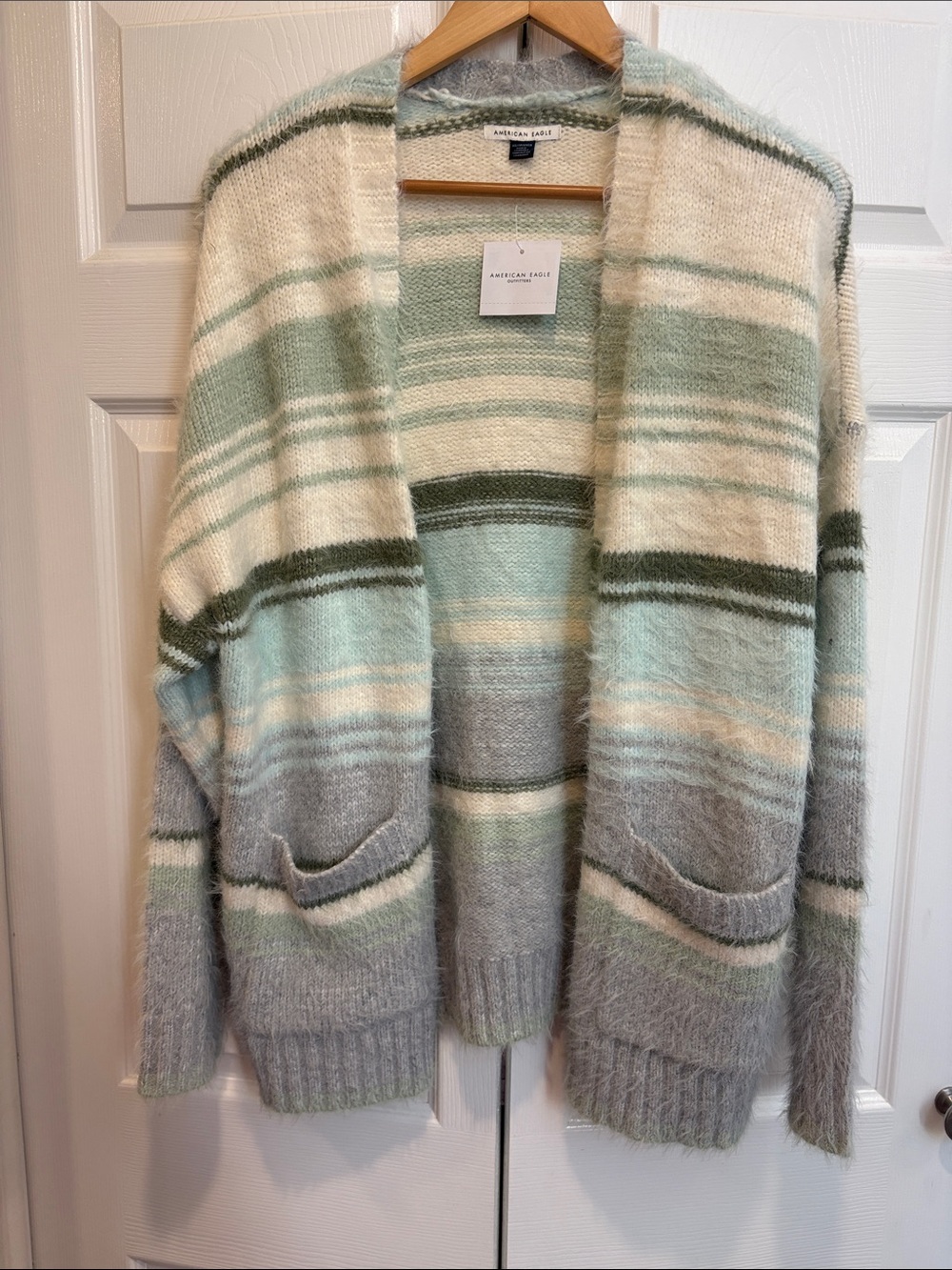 American Eagle Outfitters Striped Open Cardigan in Sage, Cream & Gray